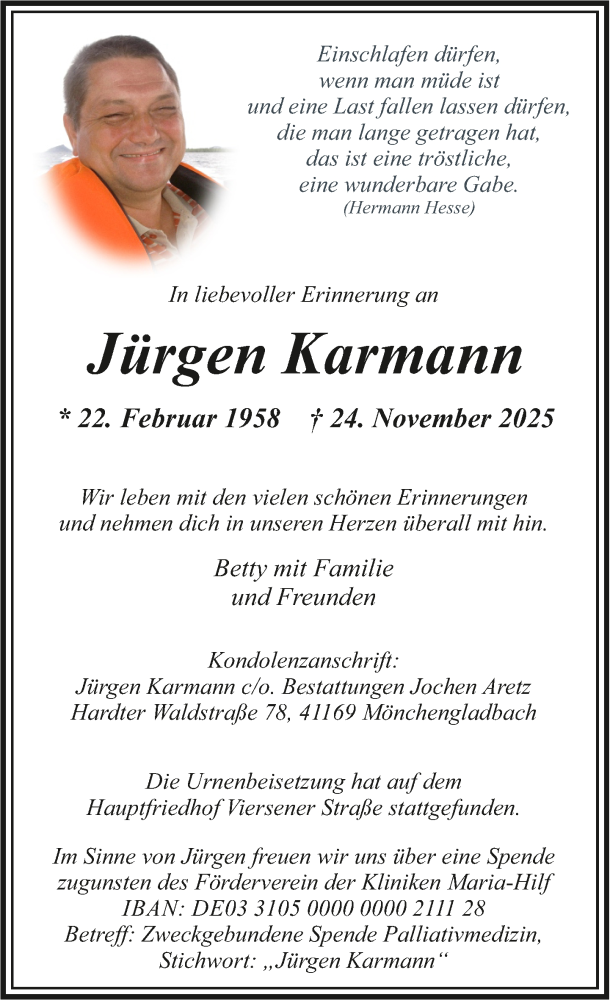  Traueranzeige für Jürgen Karmann vom 06.12.2025 aus Rheinische Post