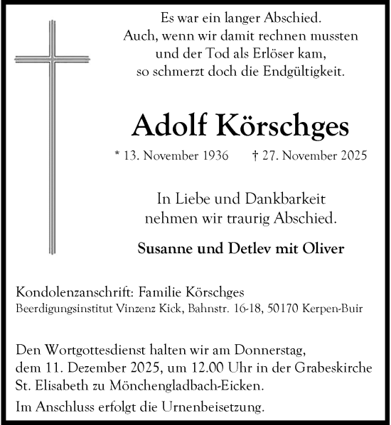Traueranzeige von Adolf Körschges von Rheinische Post
