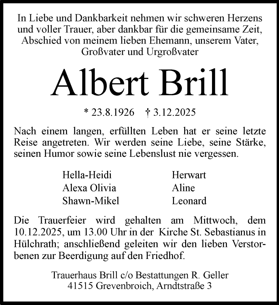 Traueranzeige für Albert Brill vom 06.12.2025 aus Rheinische Post