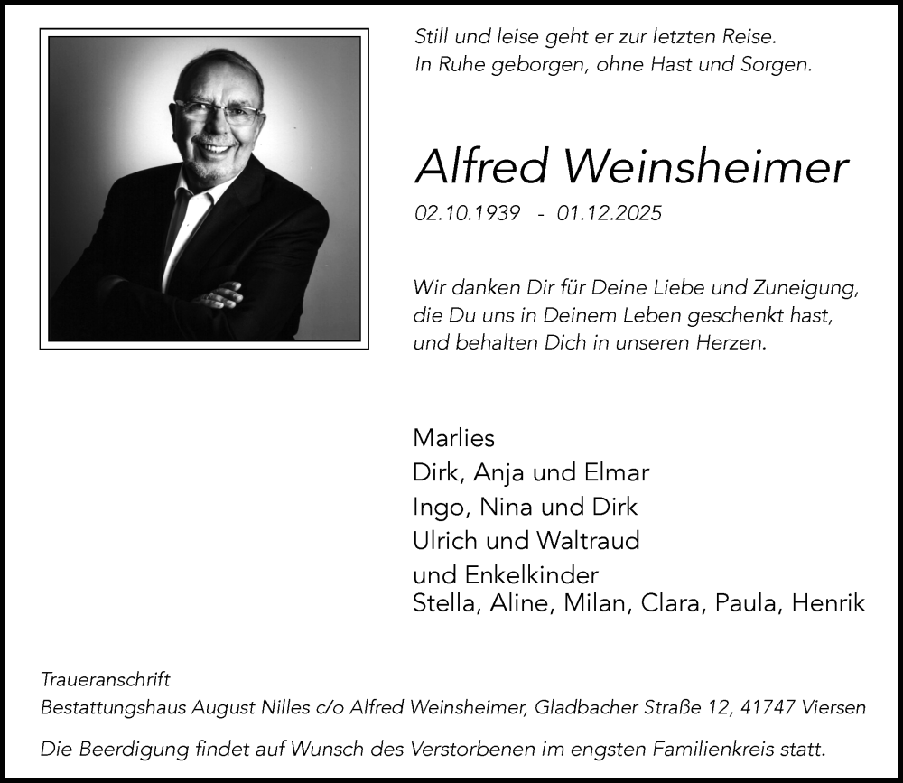  Traueranzeige für Alfred Weinsheimer vom 06.12.2025 aus Rheinische Post