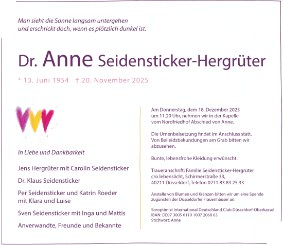 Traueranzeige von Anne Seidensticker-Hergrüter von Rheinische Post