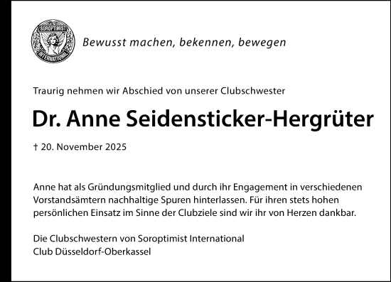 Traueranzeige von Anne Seidensticker-Hergrüter von Rheinische Post