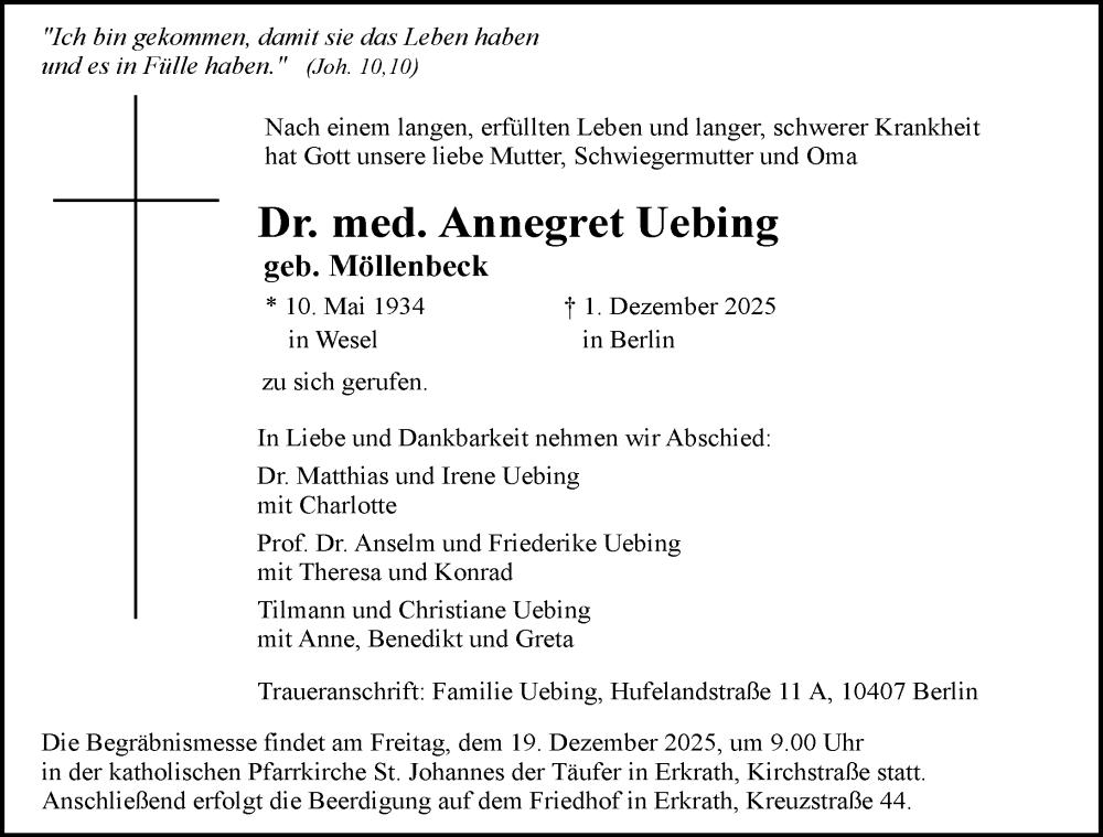  Traueranzeige für Annegret Uebing vom 13.12.2025 aus Rheinische Post