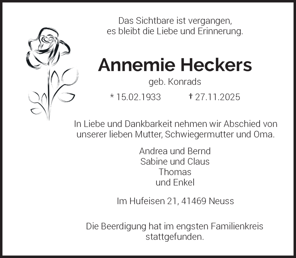  Traueranzeige für Annemie Heckers vom 20.12.2025 aus Rheinische Post