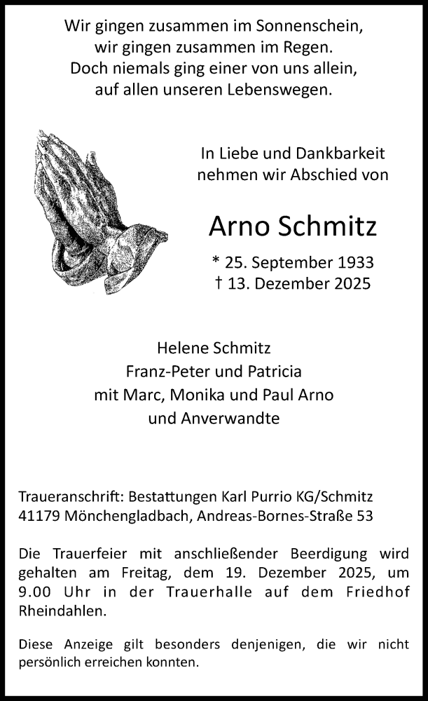  Traueranzeige für Arno Schmitz vom 17.12.2025 aus Rheinische Post