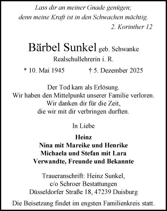 Traueranzeige von Bärbel Sunkel von Rheinische Post