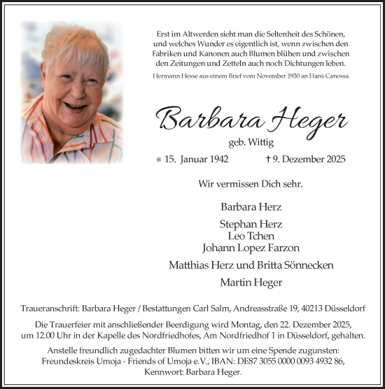 Traueranzeige von Barbara Heger von Rheinische Post