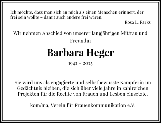 Traueranzeige von Barbara Heger von Rheinische Post