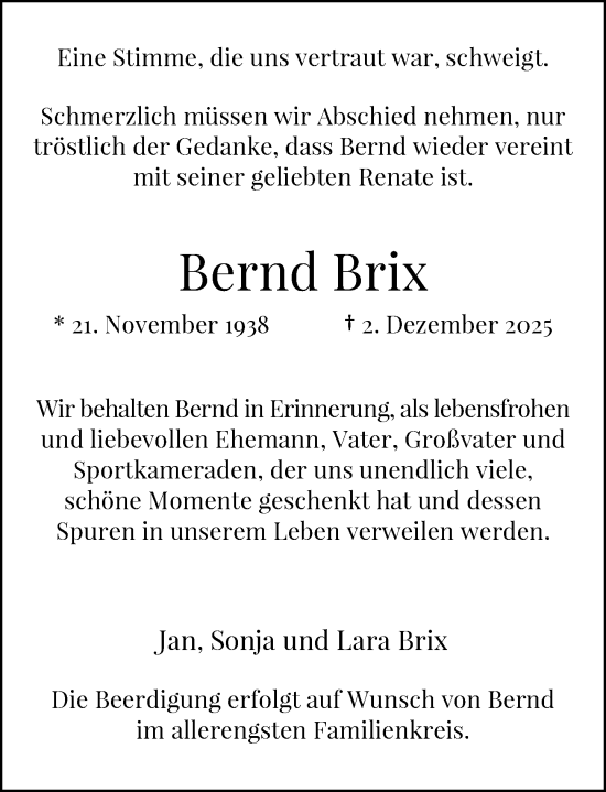 Traueranzeige von Bernd Brix von Rheinische Post