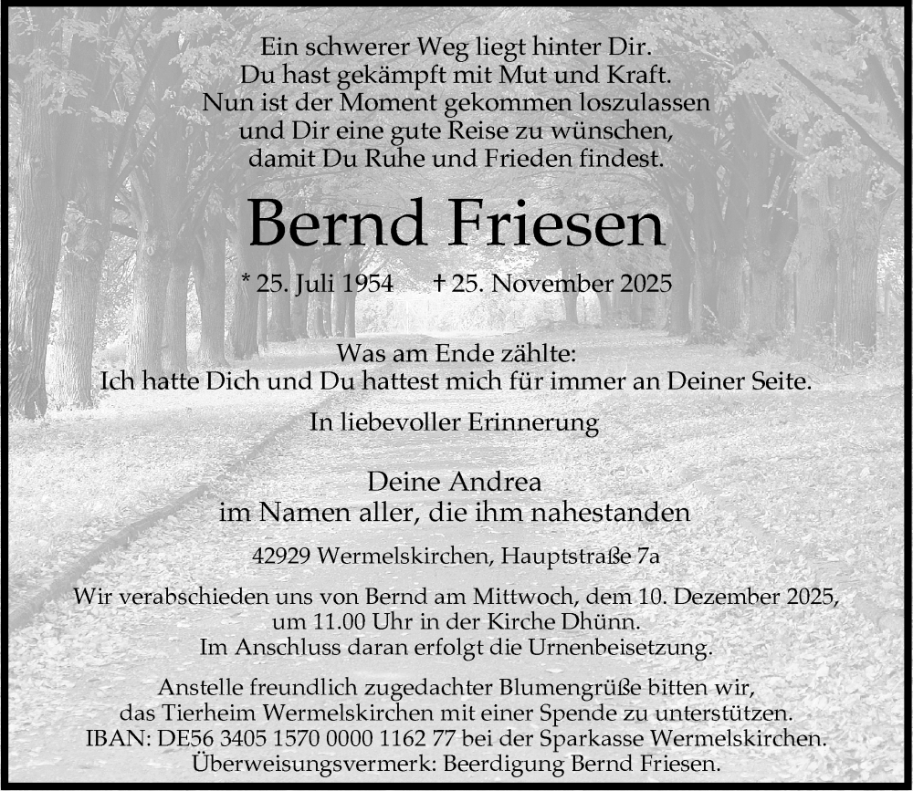  Traueranzeige für Bernd Friesen vom 06.12.2025 aus Rheinische Post