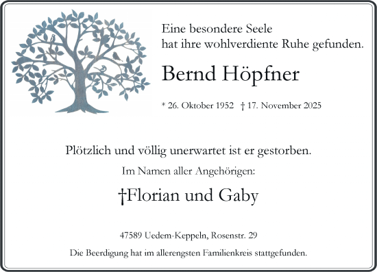 Traueranzeige von Bernd Höpfner von Rheinische Post