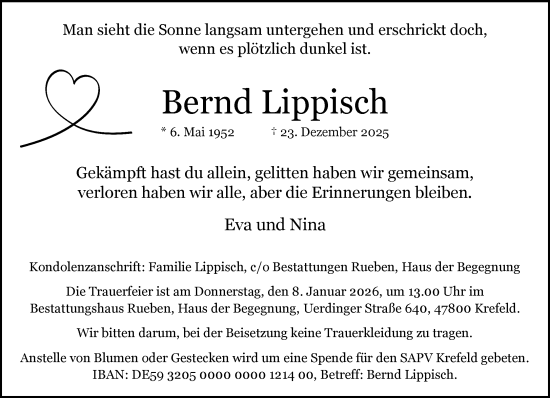 Traueranzeige von Bernd Lippisch von Rheinische Post