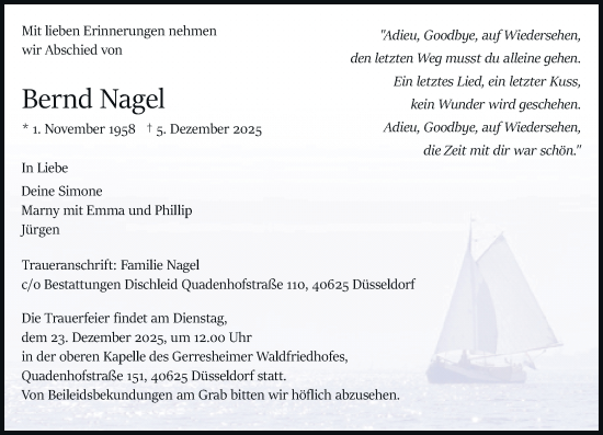 Traueranzeige von Bernd Nagel von Rheinische Post