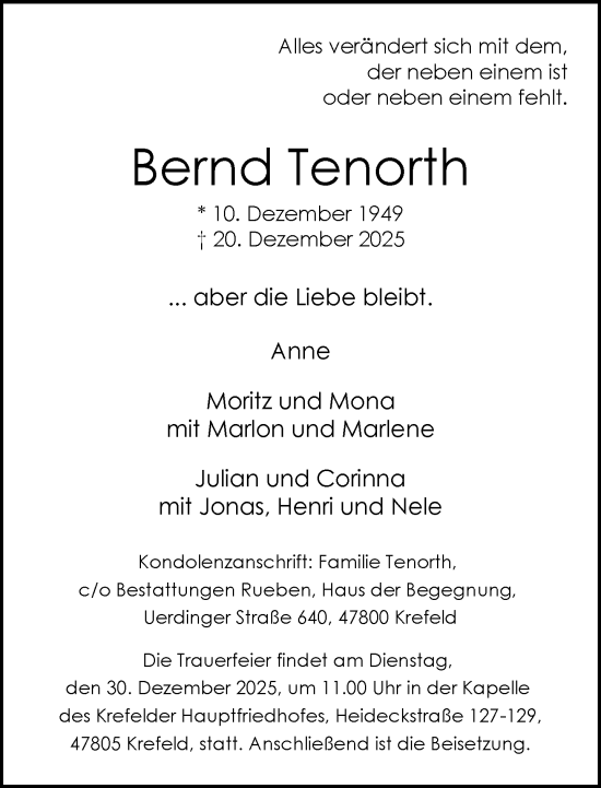 Traueranzeige von Bernd Tenorth von Rheinische Post