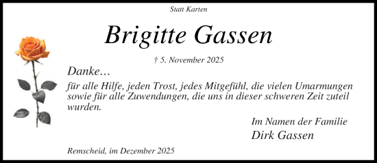Traueranzeige von Brigitte Gassen von Rheinische Post