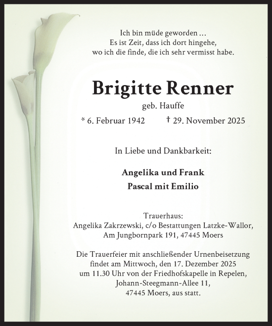 Traueranzeige von Brigitte Renner von Rheinische Post