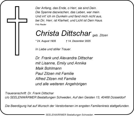 Traueranzeige von Christa Dittschar von Rheinische Post