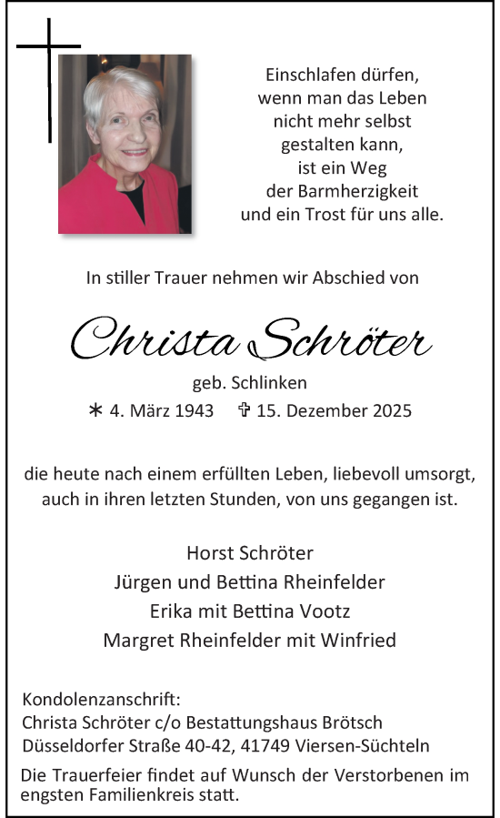Traueranzeige von Christa Schröter von Rheinische Post