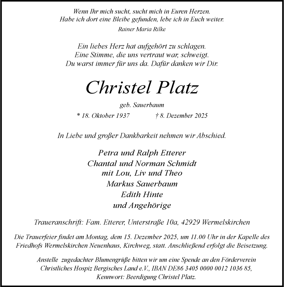  Traueranzeige für Christel Platz vom 11.12.2025 aus Rheinische Post