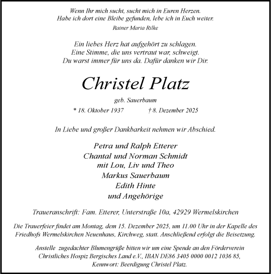Traueranzeige von Christel Platz von Rheinische Post