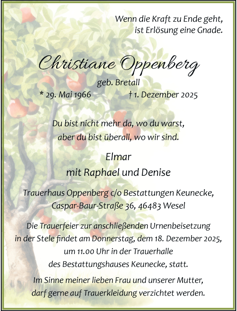  Traueranzeige für Christiane Oppenberg vom 15.12.2025 aus Rheinische Post