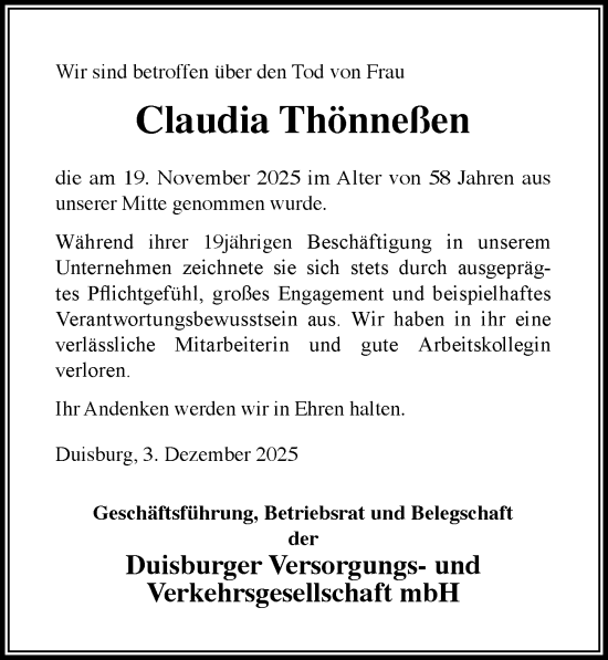 Traueranzeige von Claudia Thönneßen von Rheinische Post