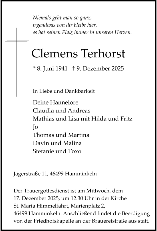 Traueranzeige von Clemens Terhorst von Rheinische Post