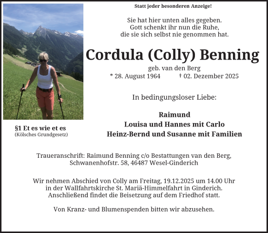 Traueranzeige von Cordula Benning von Rheinische Post