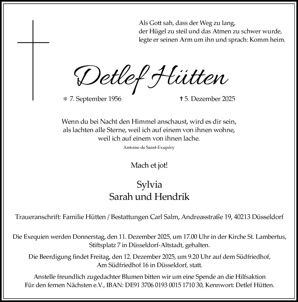  Traueranzeige für Detlef Hütten vom 06.12.2025 aus Rheinische Post