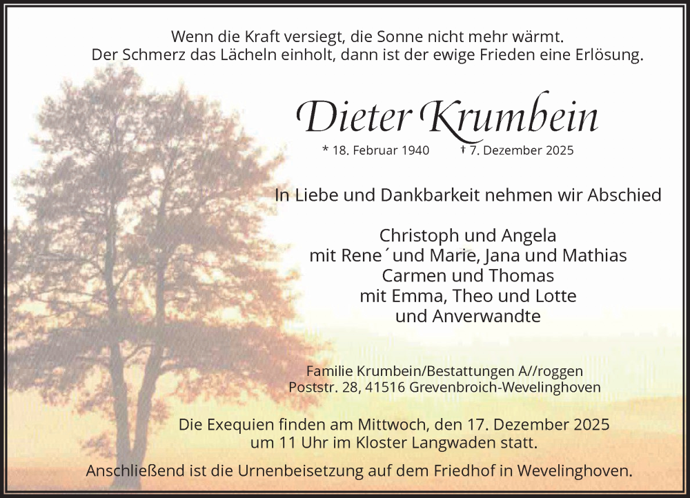  Traueranzeige für Dieter Krumbein vom 13.12.2025 aus Rheinische Post