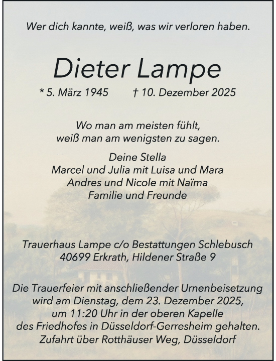 Traueranzeige von Dieter Lampe von Rheinische Post