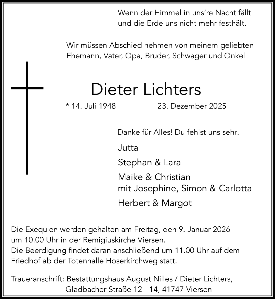  Traueranzeige für Dieter Lichters vom 03.01.2026 aus Rheinische Post