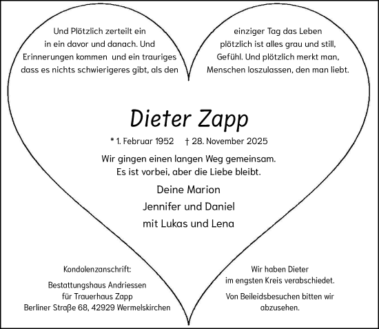 Traueranzeige von Dieter Zapp von Rheinische Post