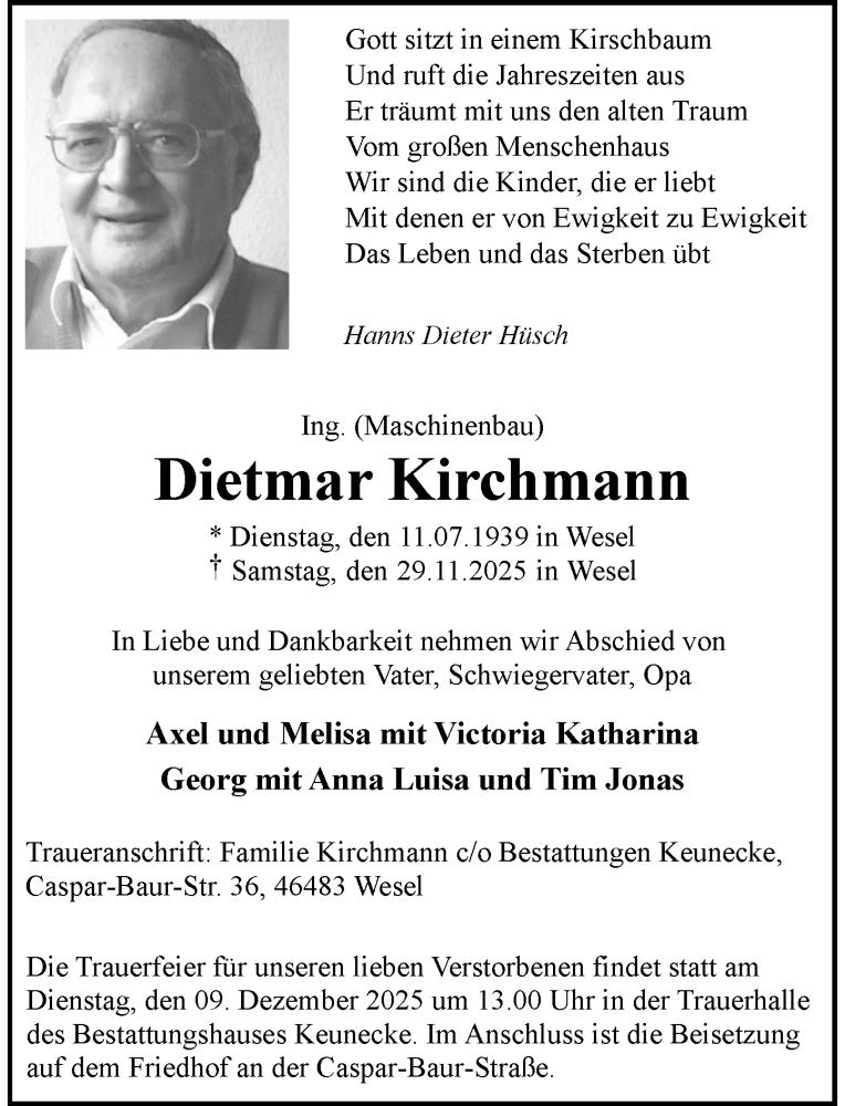  Traueranzeige für Dietmar Kirchmann vom 06.12.2025 aus Rheinische Post