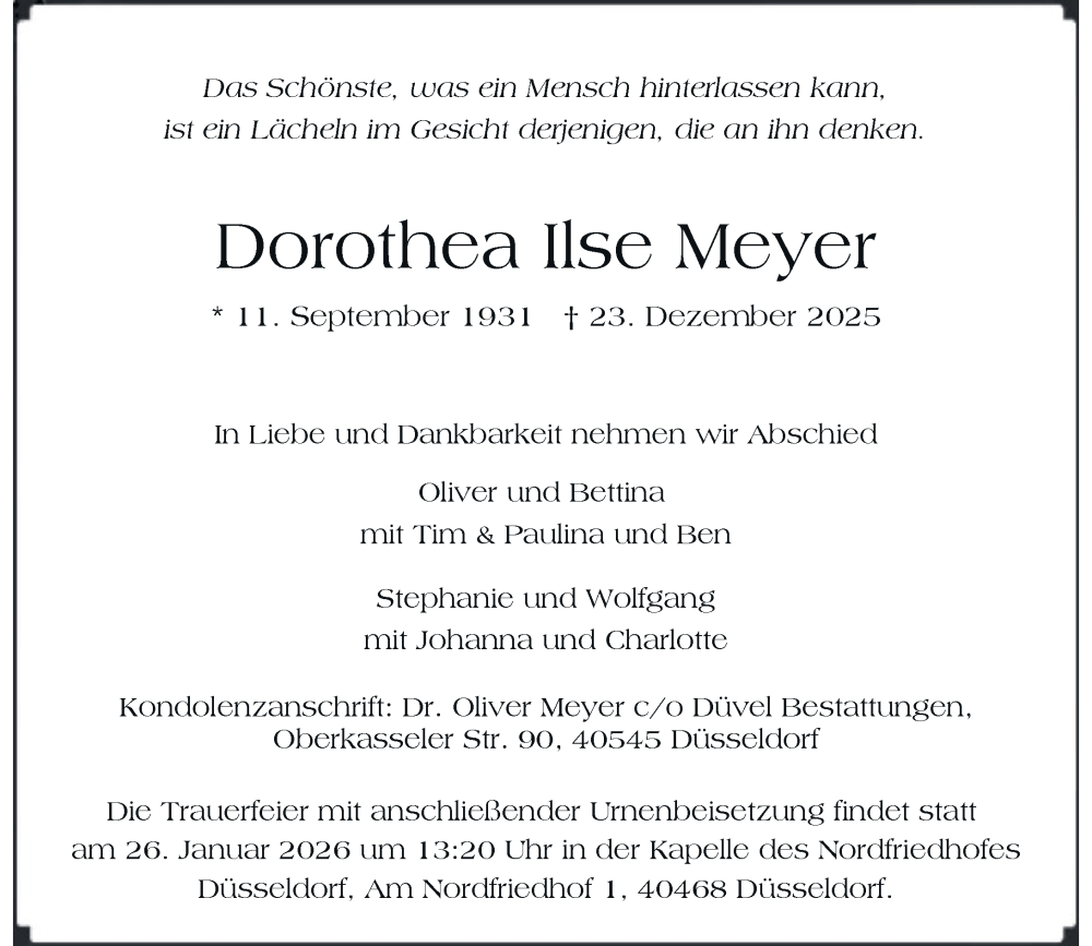  Traueranzeige für Dorothea Ilse Meyer vom 03.01.2026 aus Rheinische Post