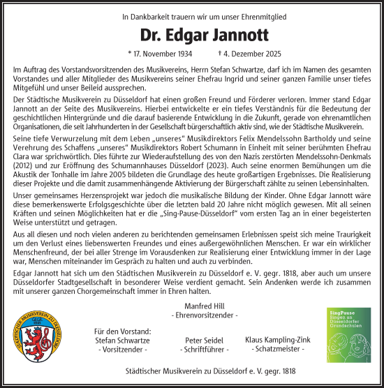 Traueranzeige von Edgar Jannott von Rheinische Post