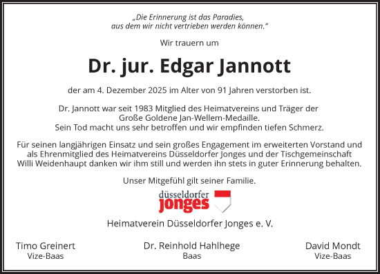 Traueranzeige von Edgar Jannott von Rheinische Post