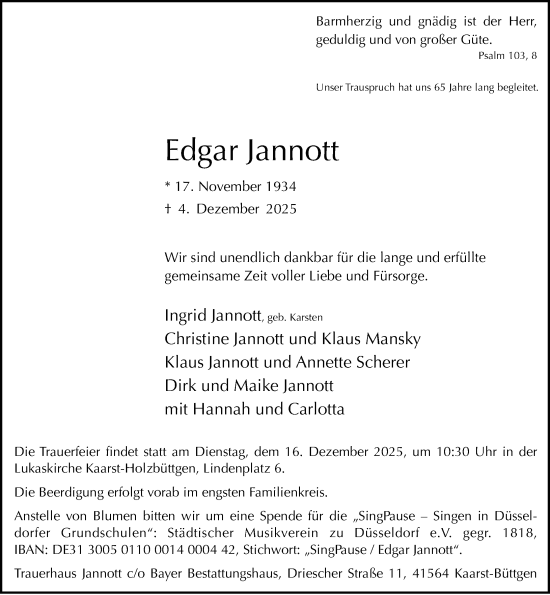 Traueranzeige von Edgar Jannott von Rheinische Post