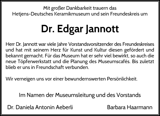 Traueranzeige von Edgar Jannott von Rheinische Post