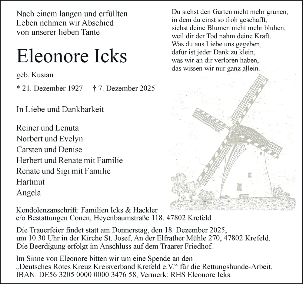  Traueranzeige für Eleonore Icks vom 13.12.2025 aus Rheinische Post