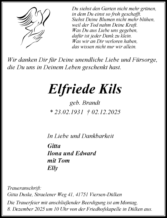 Traueranzeige von Elfriede Kils von Rheinische Post