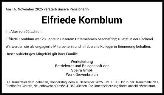 Traueranzeige von Elfriede Kornblum von Rheinische Post