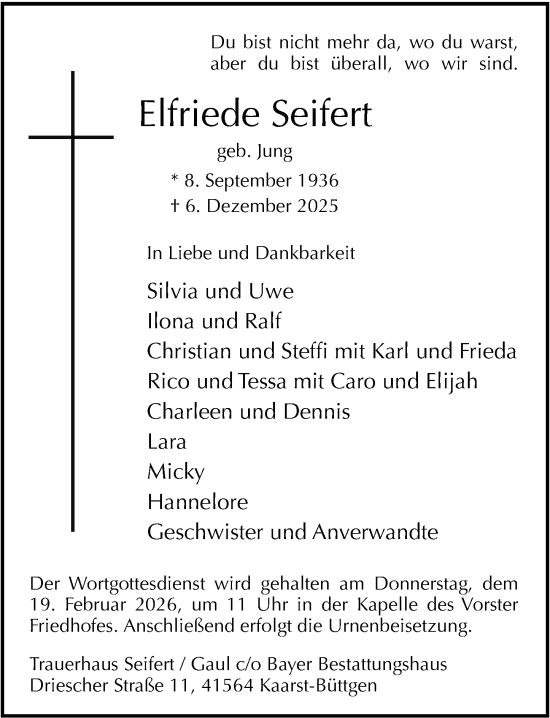 Traueranzeige von Elfriede Seifert von Rheinische Post