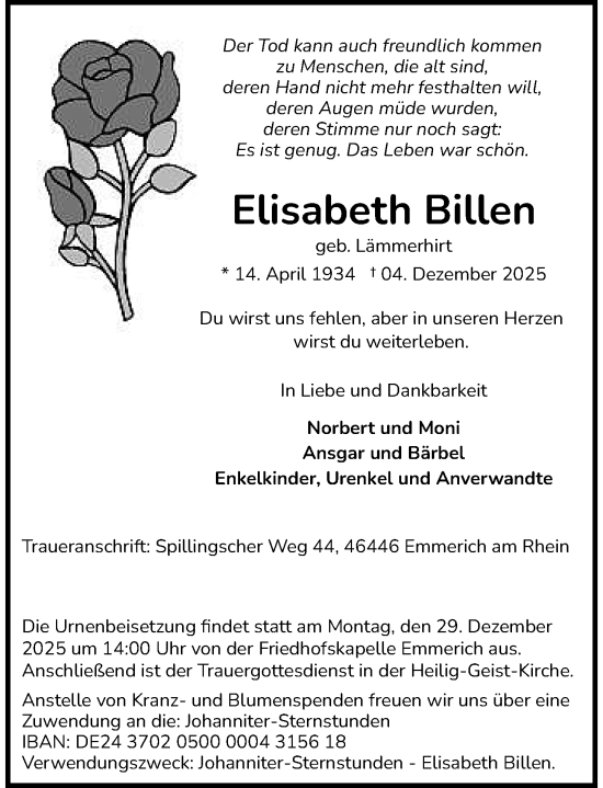 Traueranzeige von Elisabeth Billen von Rheinische Post