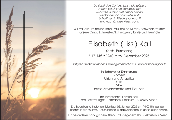 Traueranzeige von Elisabeth Kall von Rheinische Post