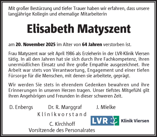 Traueranzeige von Elisabeth Matyszent von Rheinische Post