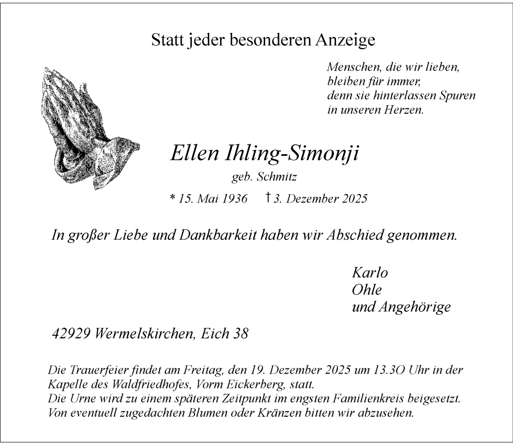  Traueranzeige für Ellen Ihling-Simonji vom 13.12.2025 aus Rheinische Post
