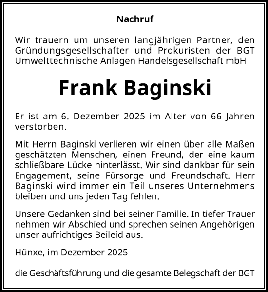 Traueranzeige von Frank Baginski von Rheinische Post