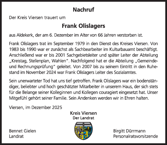 Traueranzeige von Frank Olislagers von Rheinische Post