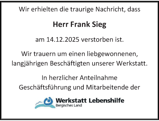 Traueranzeige von Frank Sieg von Rheinische Post